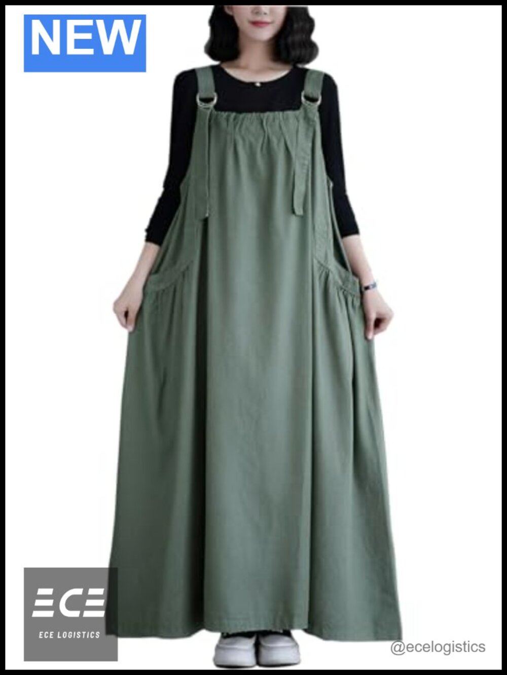 Denim Jumper Dress Women Maxi Sleeveless Adjustable Straps Loose Fit Pockets